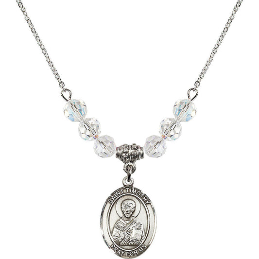 Sterling Silver Saint Timothy Birthstone Necklace with Crystal Beads - 8105