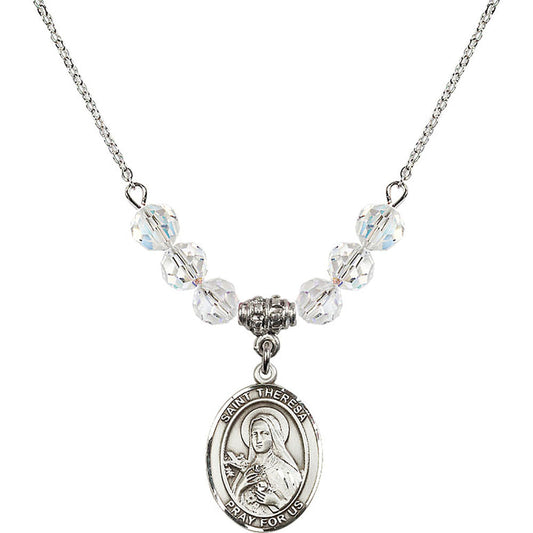 Sterling Silver Saint Theresa Birthstone Necklace with Crystal Beads - 8106