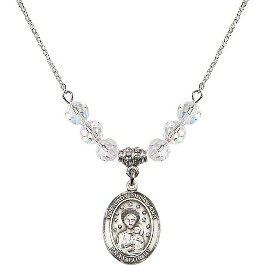 Sterling Silver Our Lady of la Vang Birthstone Necklace with Crystal Beads - 8115