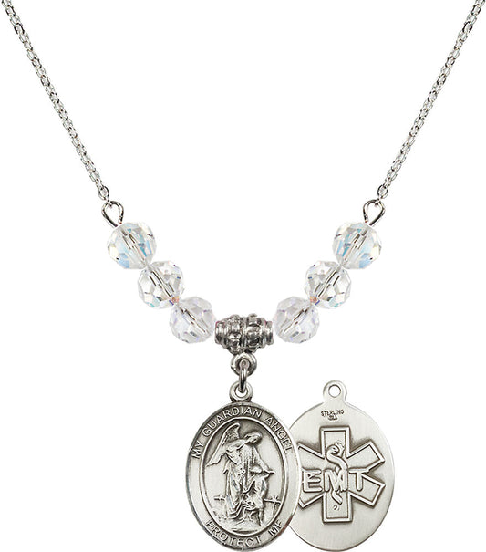 Sterling Silver Guardian Angel / EMT Birthstone Necklace with Crystal Beads - 8118