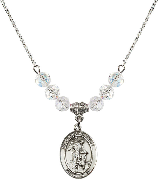 Sterling Silver Guardian Angel w/Child Birthstone Necklace with Crystal Beads - 8118