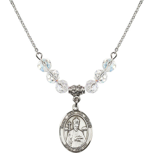 Sterling Silver Saint Leo the Great Birthstone Necklace with Crystal Beads - 8120