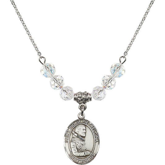 Sterling Silver Saint Pio of Pietrelcina Birthstone Necklace with Crystal Beads - 8125