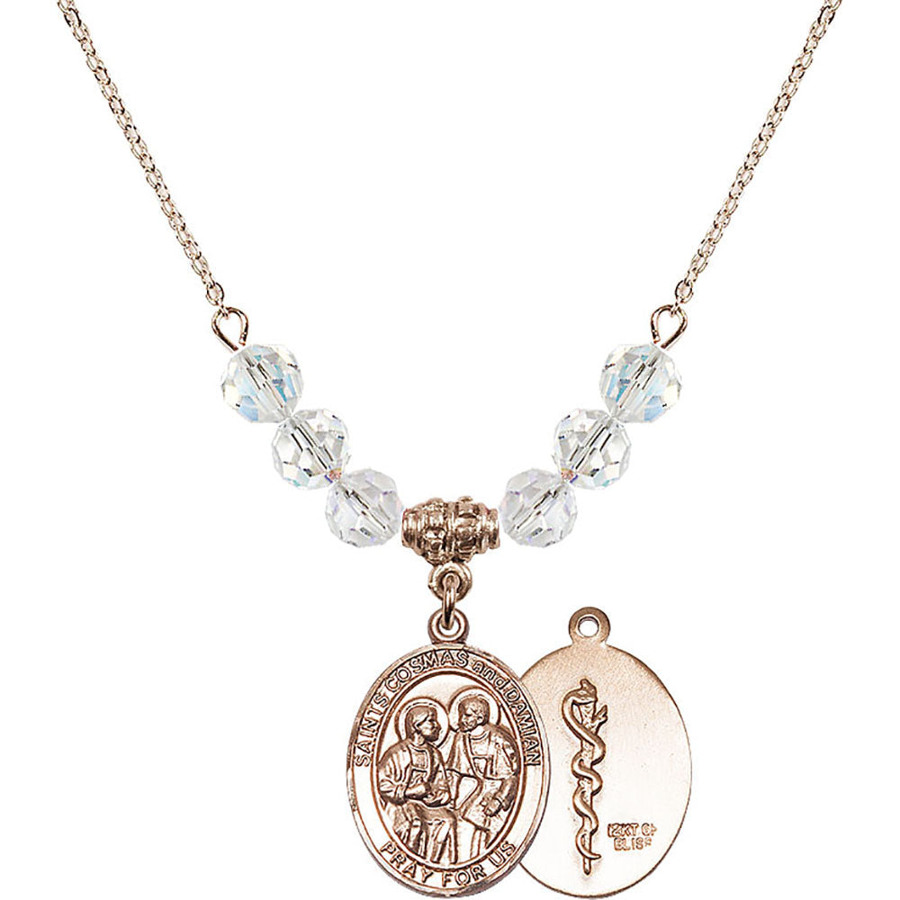14kt Gold Filled Saints Cosmas & Damian / Doctors Birthstone Necklace with Crystal Beads - 8132