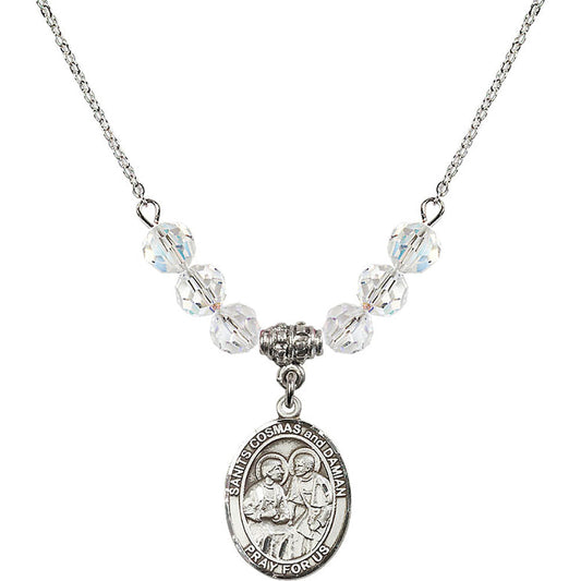 Sterling Silver Saints Cosmas & Damian Birthstone Necklace with Crystal Beads - 8132
