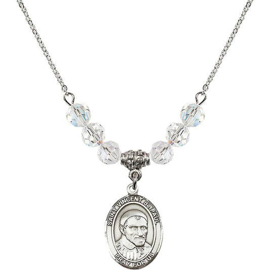 Sterling Silver Saint Vincent De Paul Birthstone Necklace with Crystal Beads - 8134
