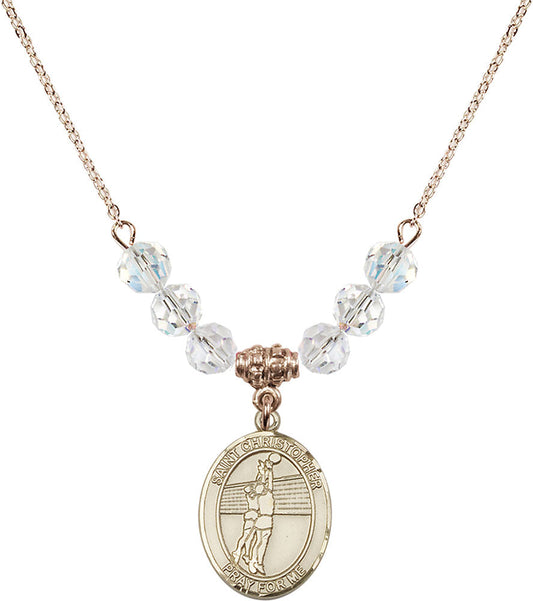 14kt Gold Filled Saint Christopher/Volleyball Birthstone Necklace with Crystal Beads - 8138