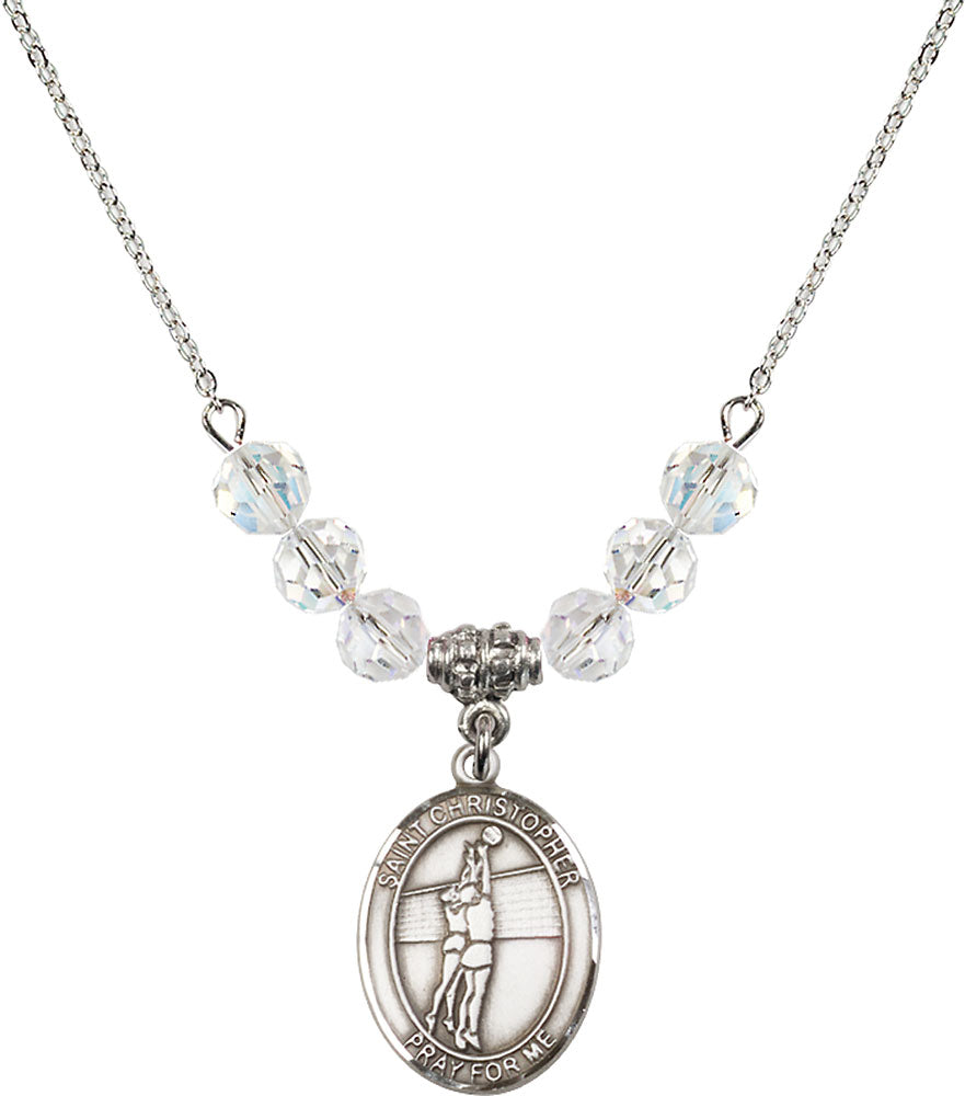 Sterling Silver Saint Christopher/Volleyball Birthstone Necklace with Crystal Beads - 8138