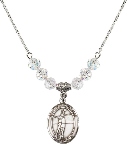 Sterling Silver Saint Christopher/Volleyball Birthstone Necklace with Crystal Beads - 8138