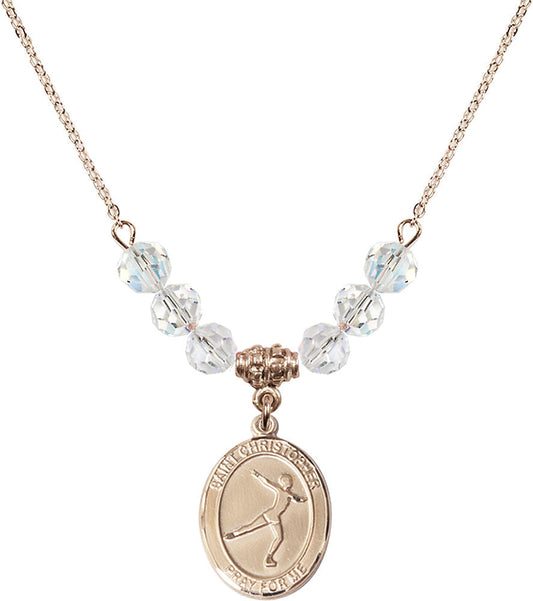 14kt Gold Filled Saint Christopher/Figure Skating Birthstone Necklace with Crystal Beads - 8139