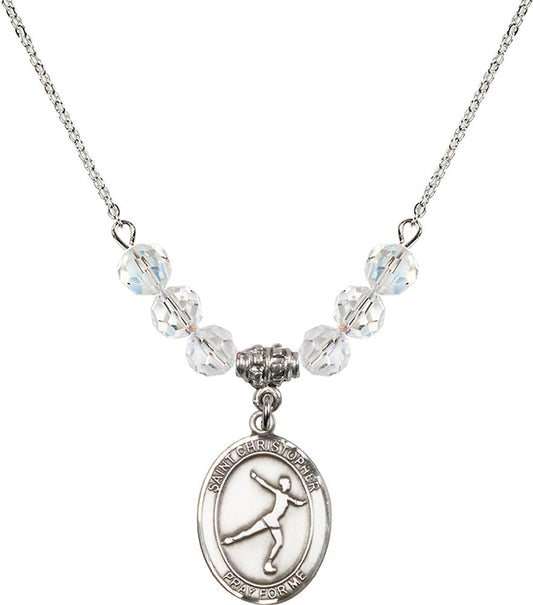 Sterling Silver Saint Christopher/Figure Skating Birthstone Necklace with Crystal Beads - 8139