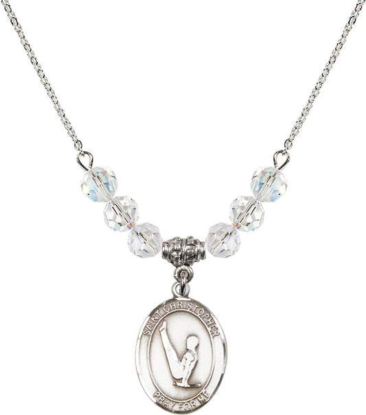 Sterling Silver Saint Christopher/Gymnastics Birthstone Necklace with Crystal Beads - 8142