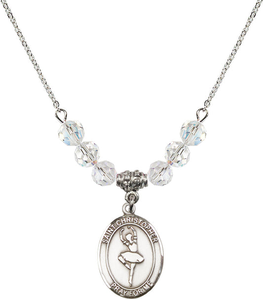 Sterling Silver Saint Christopher/Dance Birthstone Necklace with Crystal Beads - 8143