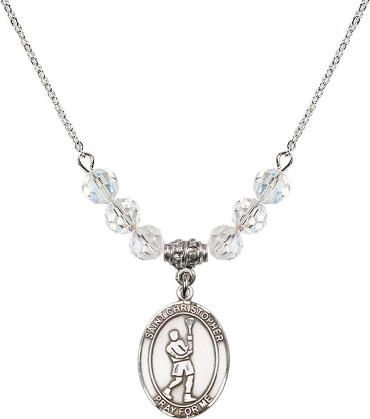 Sterling Silver Saint Christopher/Lacrosse Birthstone Necklace with Crystal Beads - 8144