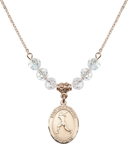 14kt Gold Filled Saint Christopher/Softball Birthstone Necklace with Crystal Beads - 8145