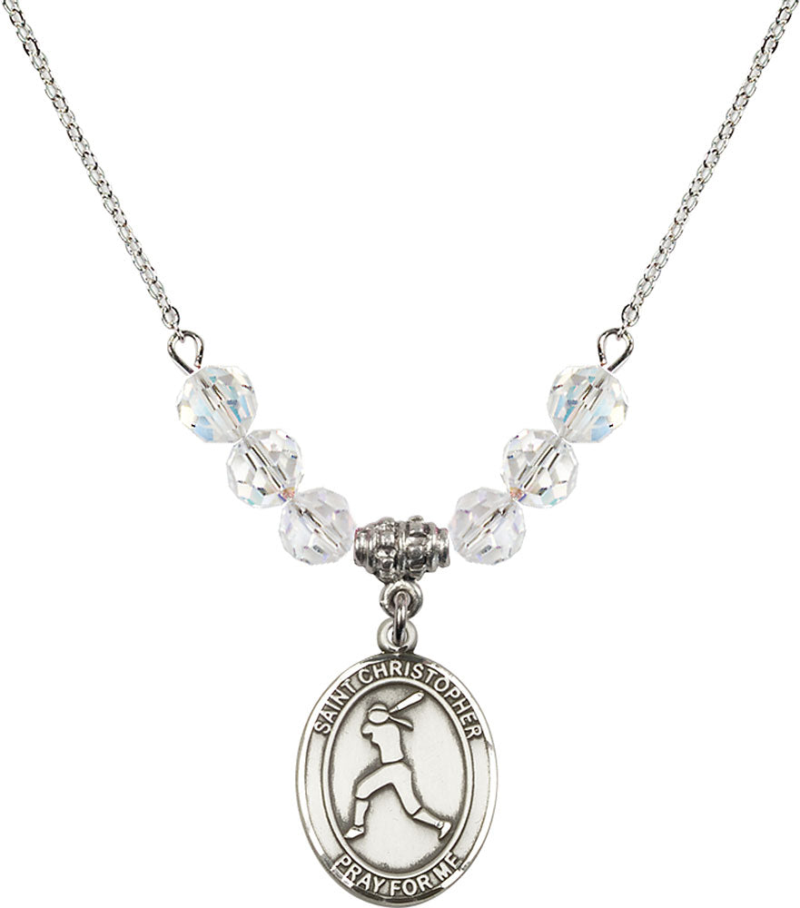 Sterling Silver Saint Christopher/Softball Birthstone Necklace with Crystal Beads - 8145