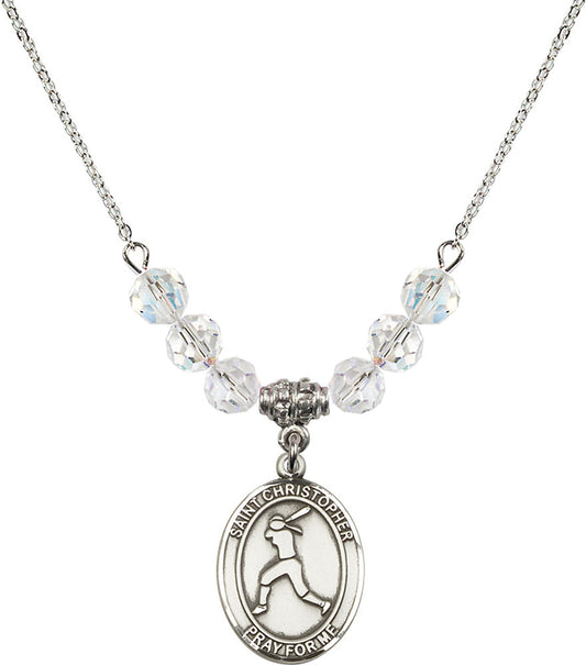 Sterling Silver Saint Christopher/Softball Birthstone Necklace with Crystal Beads - 8145