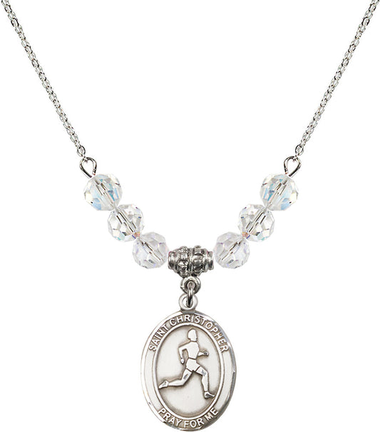 Sterling Silver Saint Christopher/Track & Field Birthstone Necklace with Crystal Beads - 8149