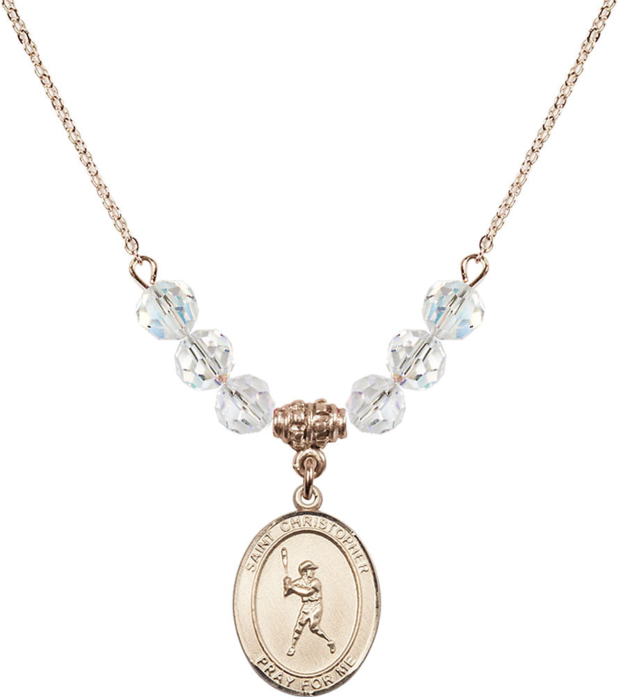 14kt Gold Filled Saint Christopher/Baseball Birthstone Necklace with Crystal Beads - 8150