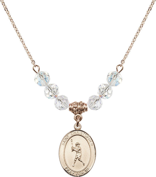 14kt Gold Filled Saint Christopher/Baseball Birthstone Necklace with Crystal Beads - 8150