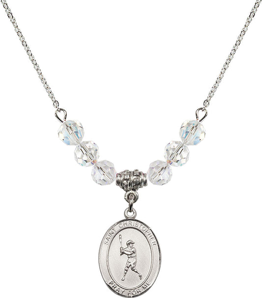 Sterling Silver Saint Christopher/Baseball Birthstone Necklace with Crystal Beads - 8150