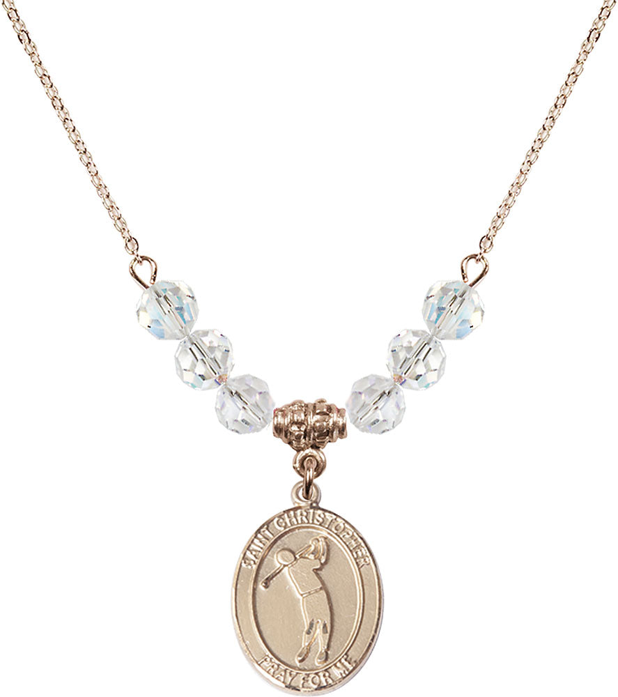14kt Gold Filled Saint Christopher/Golf Birthstone Necklace with Crystal Beads - 8152