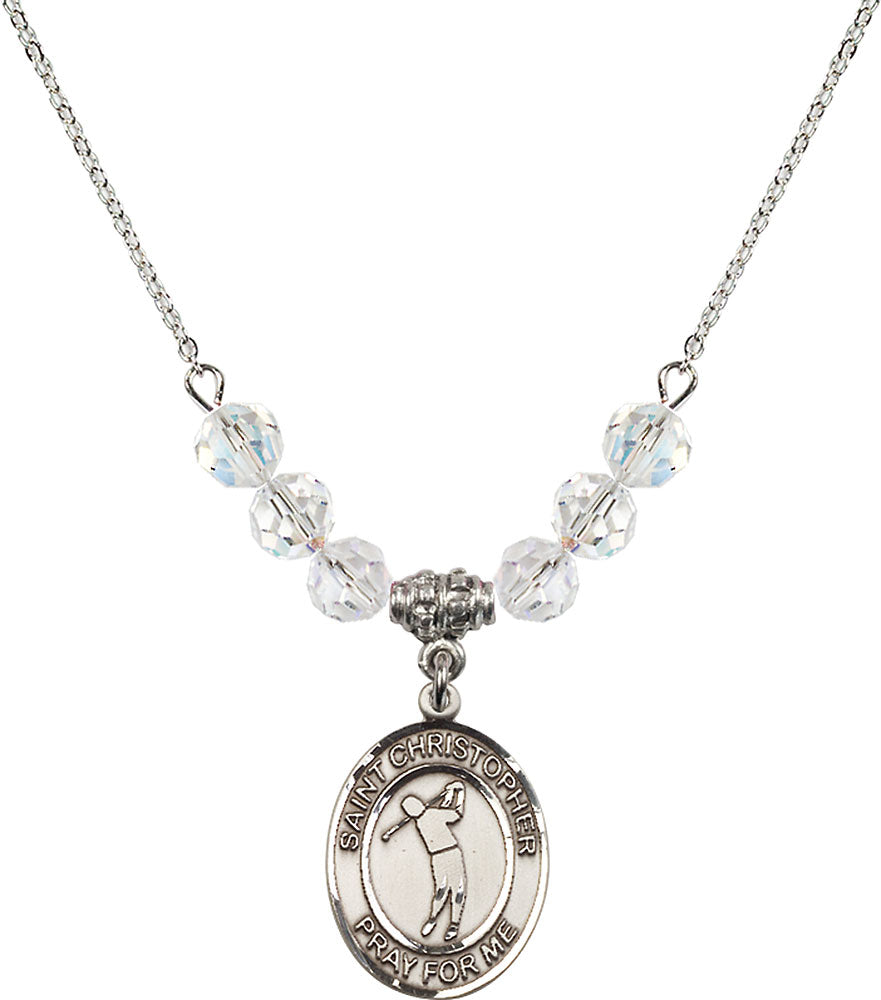 Sterling Silver Saint Christopher/Golf Birthstone Necklace with Crystal Beads - 8152