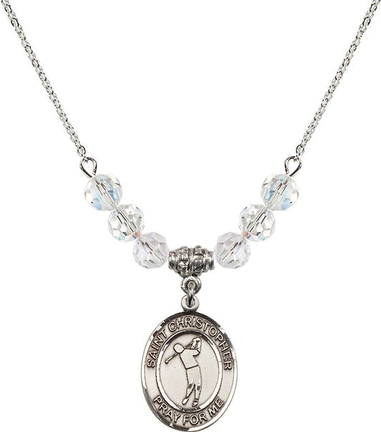 Sterling Silver Saint Christopher/Golf Birthstone Necklace with Crystal Beads - 8152