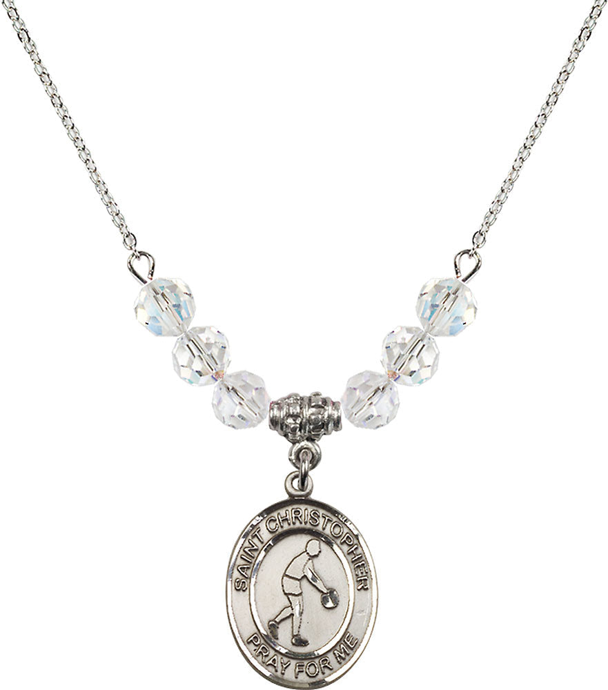 Sterling Silver Saint Christopher/Basketball Birthstone Necklace with Crystal Beads - 8153