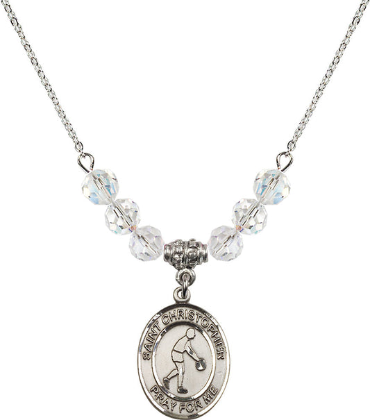 Sterling Silver Saint Christopher/Basketball Birthstone Necklace with Crystal Beads - 8153