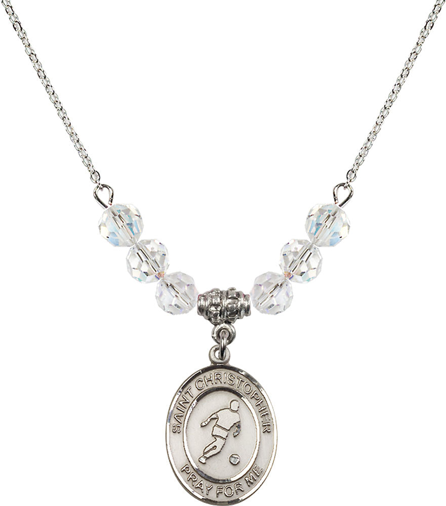 Sterling Silver Saint Christopher/Soccer Birthstone Necklace with Crystal Beads - 8154