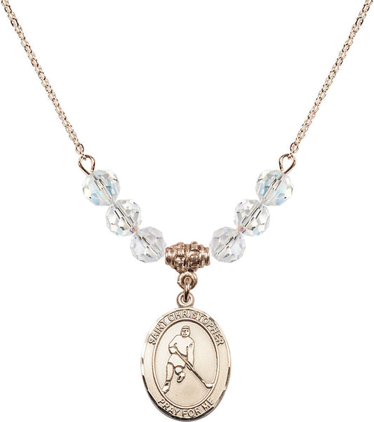 14kt Gold Filled Saint Christopher/Ice Hockey Birthstone Necklace with Crystal Beads - 8155