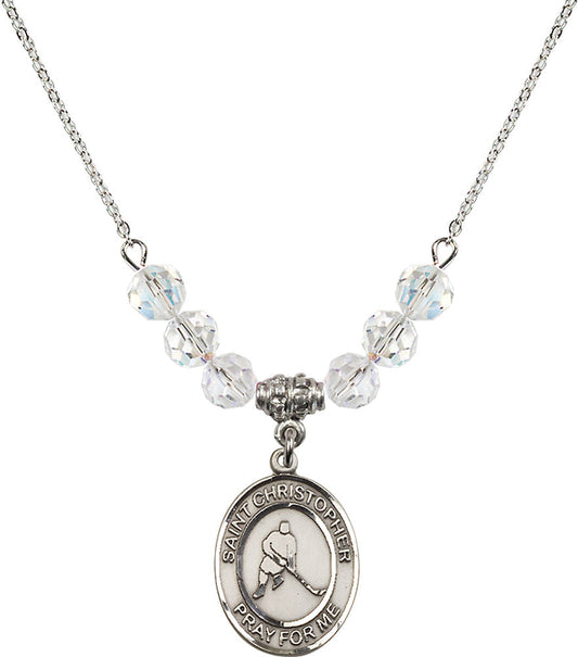 Sterling Silver Saint Christopher/Ice Hockey Birthstone Necklace with Crystal Beads - 8155