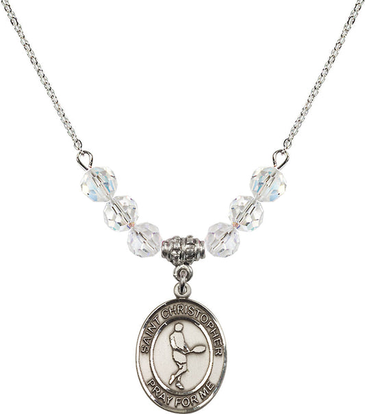 Sterling Silver Saint Christopher/Tennis Birthstone Necklace with Crystal Beads - 8156