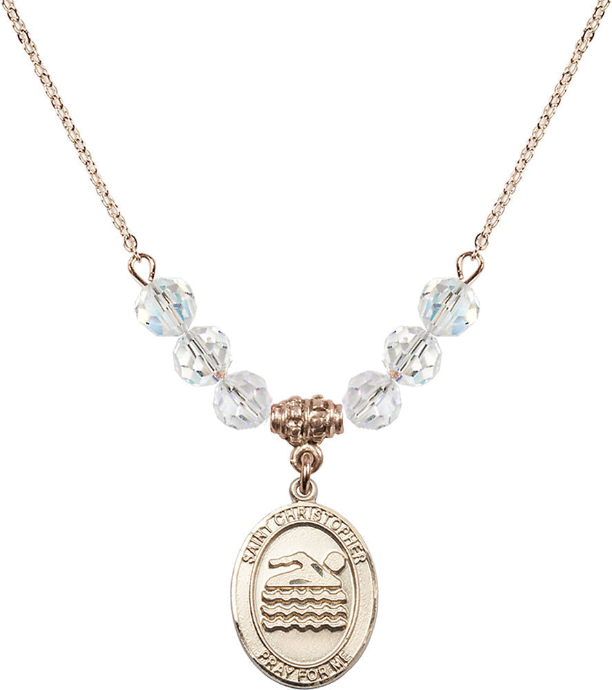 14kt Gold Filled Saint Christopher/Swimming Birthstone Necklace with Crystal Beads - 8157