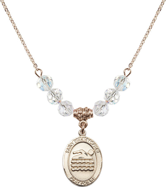 14kt Gold Filled Saint Christopher/Swimming Birthstone Necklace with Crystal Beads - 8157