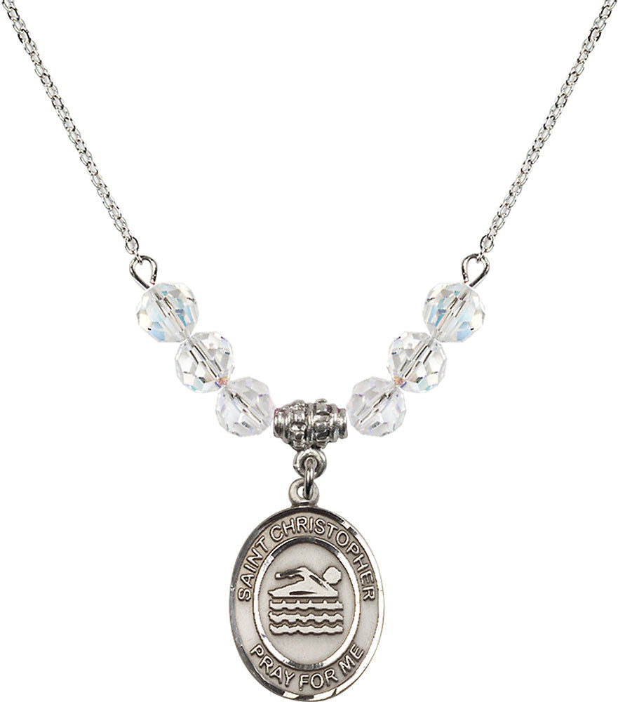 Sterling Silver Saint Christopher/Swimming Birthstone Necklace with Crystal Beads - 8157