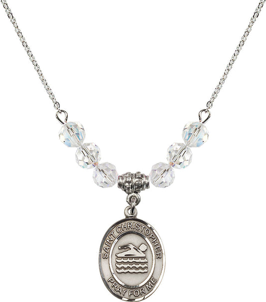 Sterling Silver Saint Christopher/Swimming Birthstone Necklace with Crystal Beads - 8157