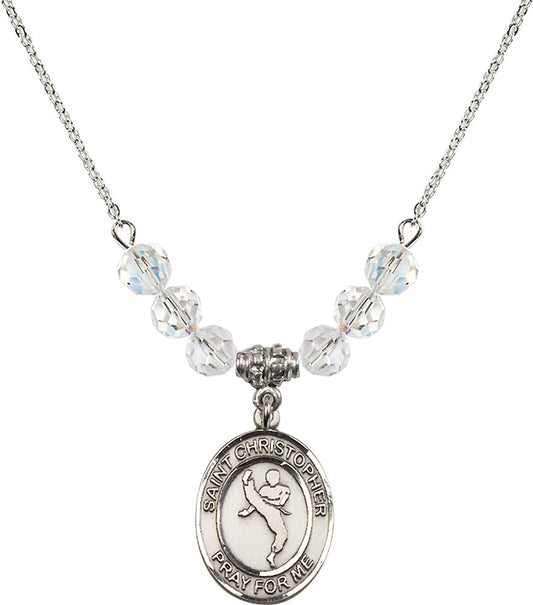 Sterling Silver Saint Christopher/Martial Arts Birthstone Necklace with Crystal Beads - 8158
