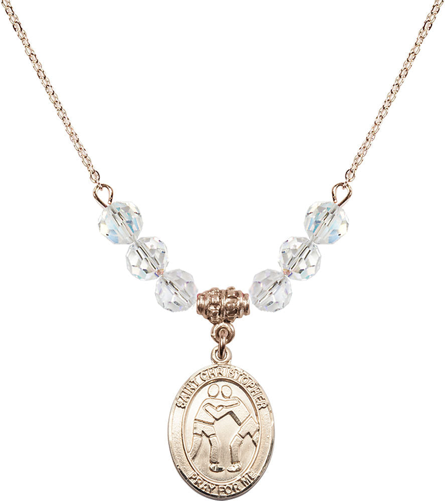 14kt Gold Filled Saint Christopher/Wrestling Birthstone Necklace with Crystal Beads - 8159