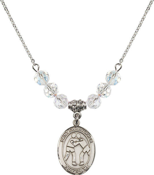 Sterling Silver Saint Christopher/Wrestling Birthstone Necklace with Crystal Beads - 8159