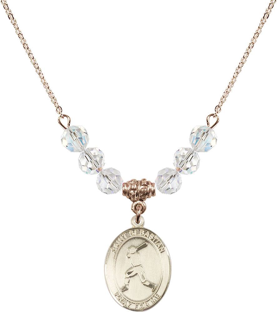14kt Gold Filled Saint Sebastian/Baseball Birthstone Necklace with Crystal Beads - 8160