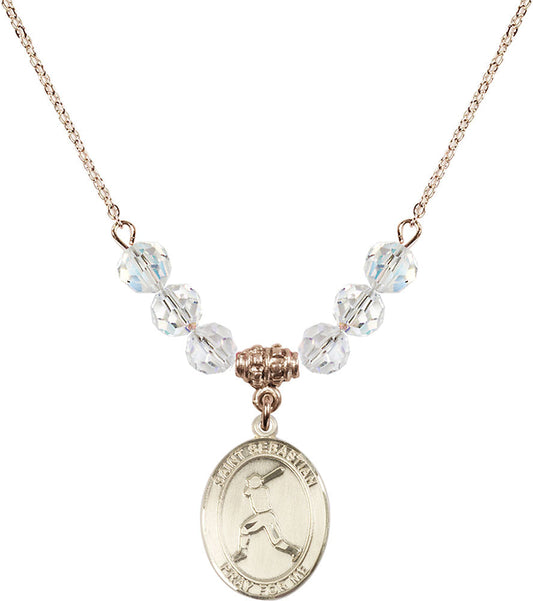 14kt Gold Filled Saint Sebastian/Baseball Birthstone Necklace with Crystal Beads - 8160