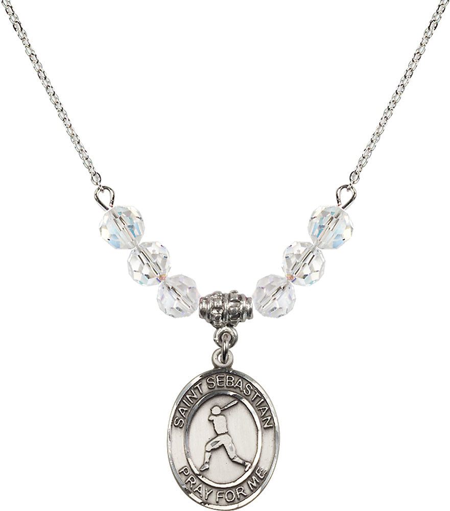 Sterling Silver Saint Sebastian/Baseball Birthstone Necklace with Crystal Beads - 8160