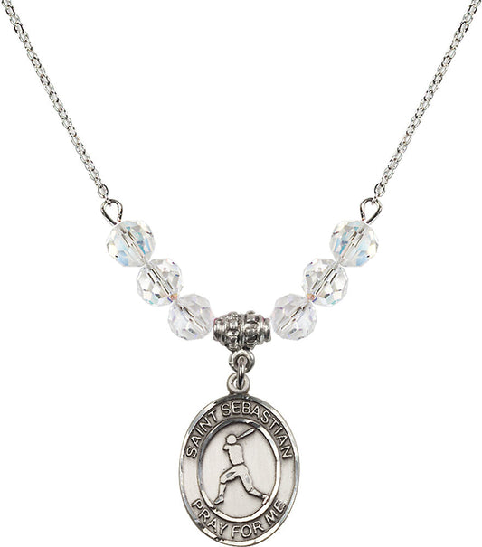 Sterling Silver Saint Sebastian/Baseball Birthstone Necklace with Crystal Beads - 8160