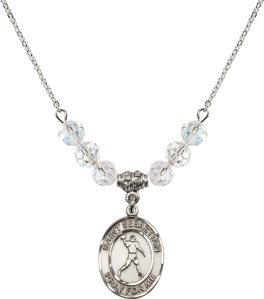 Sterling Silver Saint Sebastian/Football Birthstone Necklace with Crystal Beads - 8161