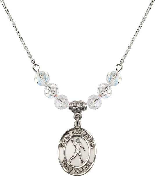 Sterling Silver Saint Sebastian/Football Birthstone Necklace with Crystal Beads - 8161