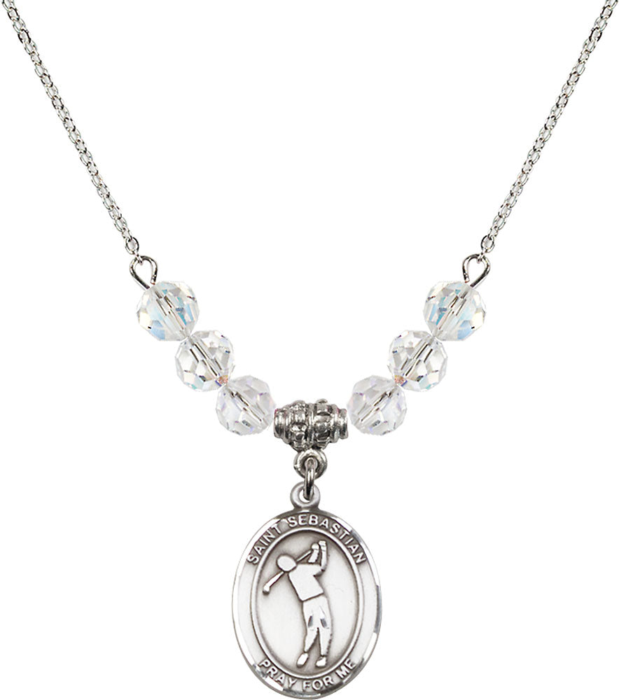 Sterling Silver Saint Sebastian/Golf Birthstone Necklace with Crystal Beads - 8162