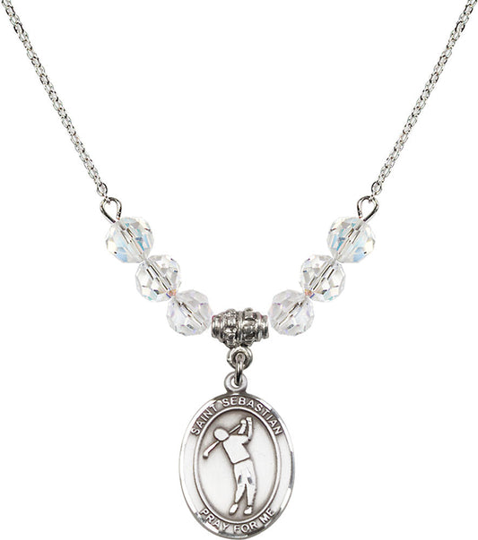 Sterling Silver Saint Sebastian/Golf Birthstone Necklace with Crystal Beads - 8162