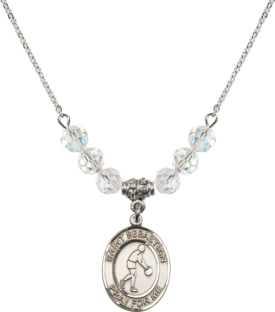 Sterling Silver Saint Sebastian/Basketball Birthstone Necklace with Crystal Beads - 8163